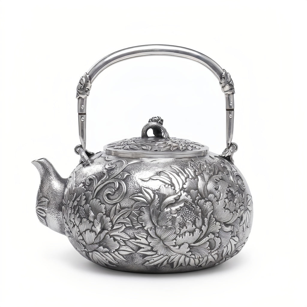 925 Sterling Silver Elegant Silver Teapot Featuring Intricate Peony Engravings and Ornate Handle - Handicraft