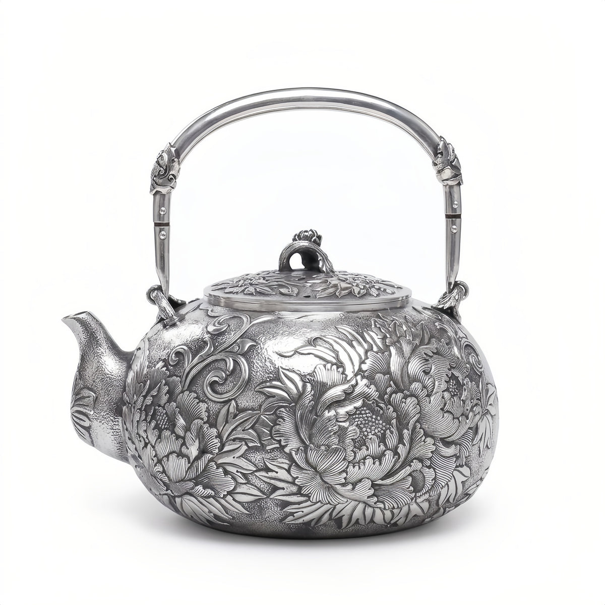 925 Sterling Silver Elegant Silver Teapot Featuring Intricate Peony Engravings and Ornate Handle - Handicraft