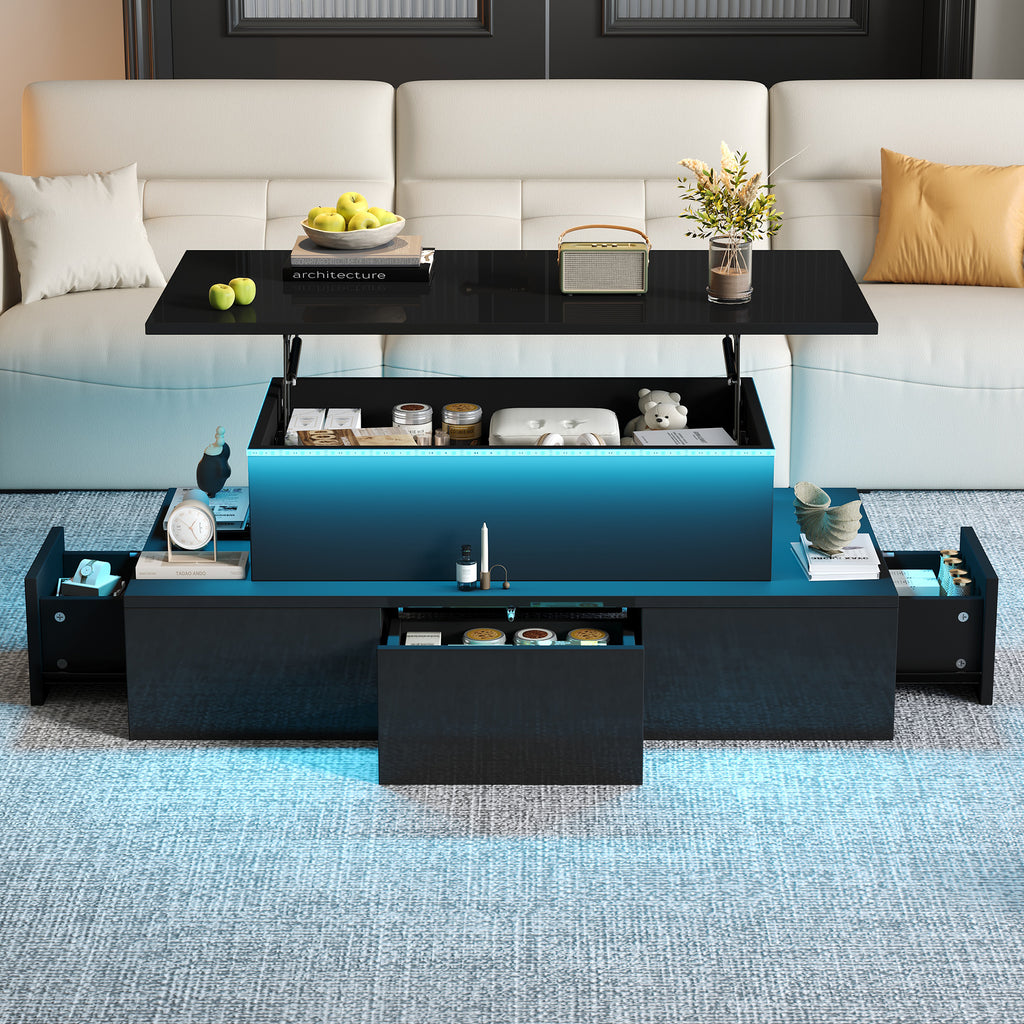 100x50x40cm Liftable Coffee Table With 4 Drawers, High-gloss Side Table With LED Lighting, Sofa Table, Coffee Table, Living Room Table With Hidden Storage, Black, MDF