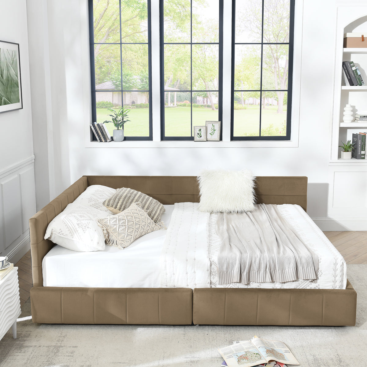 Queen Size Storage Upholstered Tufted Bed Frame, Sofa Bed Frame With Comfortable Backrest And Armrests, Queen Size Bed For Bedroom, Living Room,Velvet, BROWN 85.5x64.5x29.5