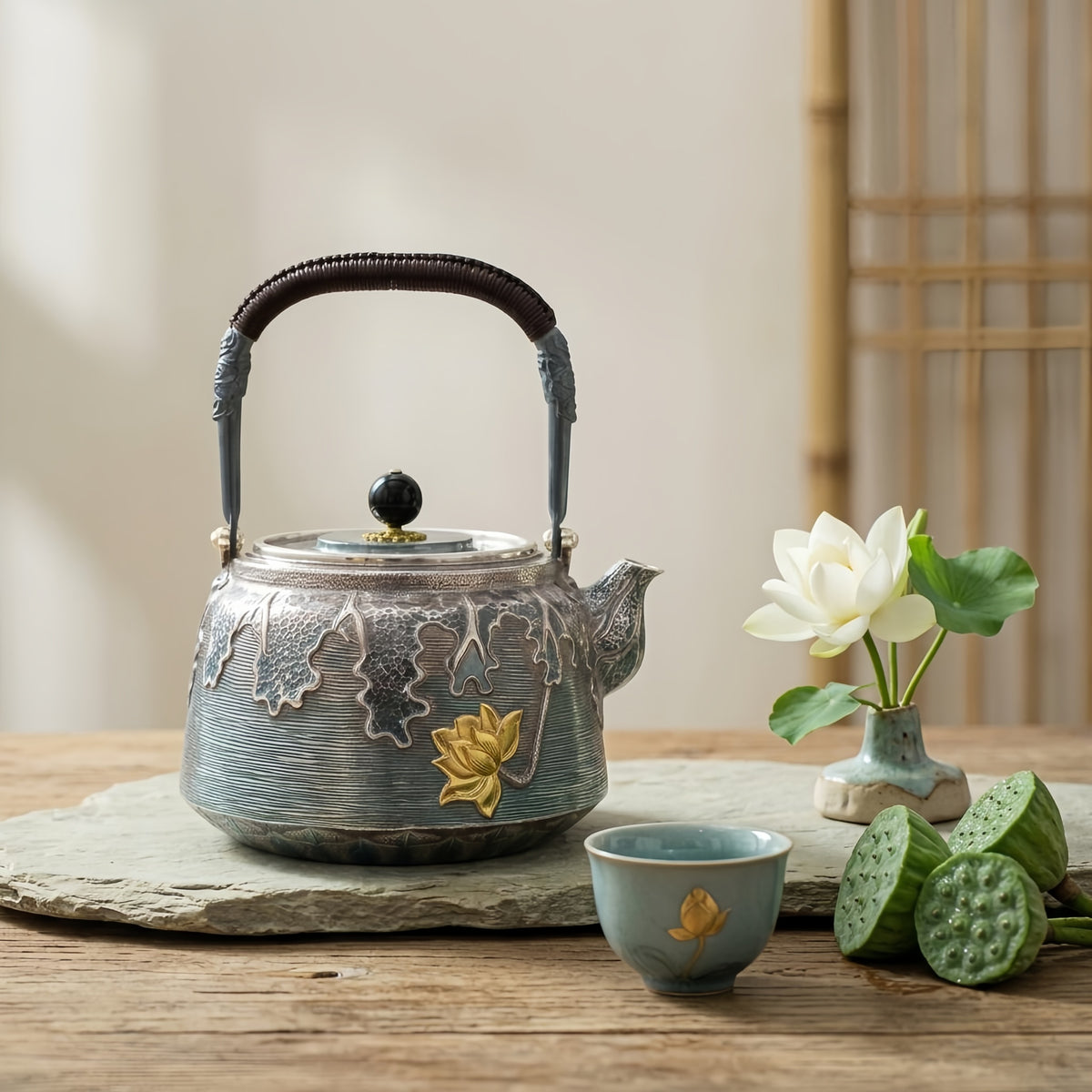 Pure 999 Fine Silver Exquisite Silver-Toned Lotus Teapot with Hammered Texture and Woven Handle - Handicraft