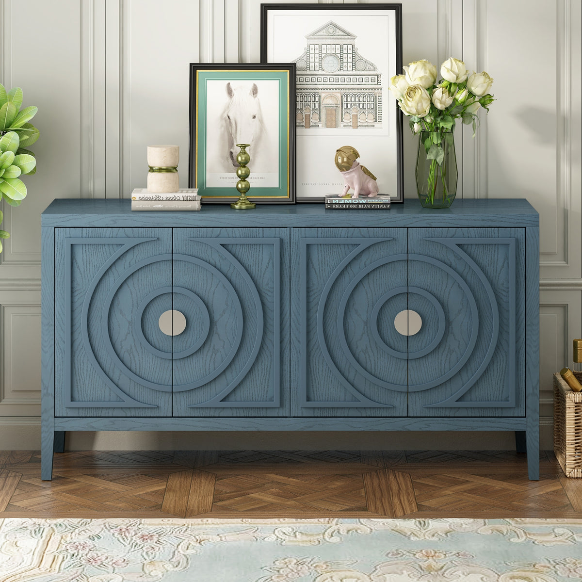 TREXM Retro Sideboard With Circular Groove & Round Metal Handle For Dining
