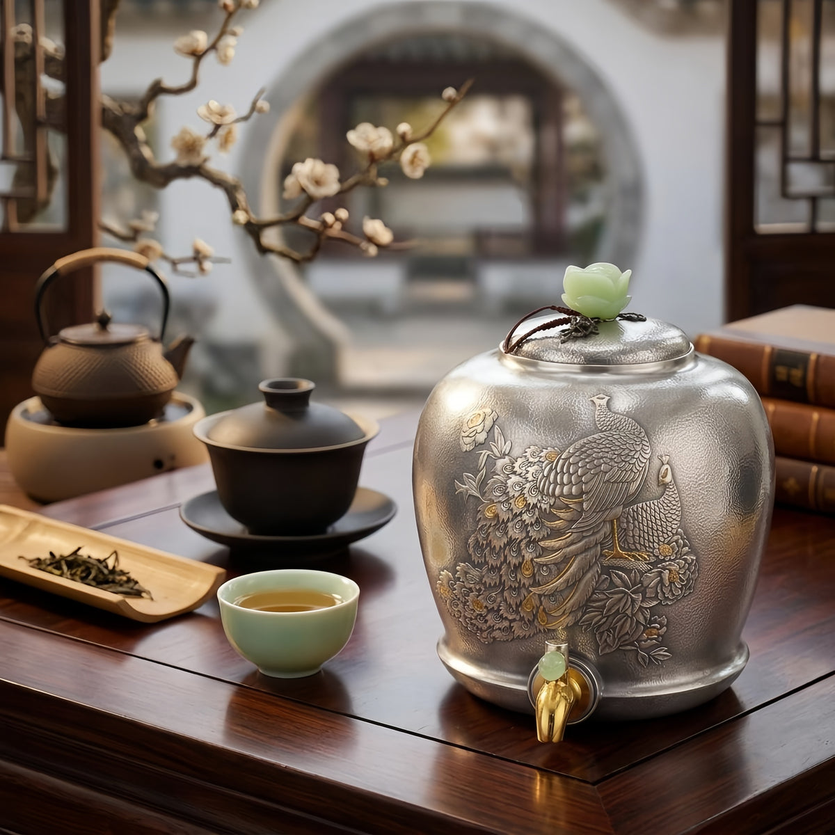 925 Sterling Silver Handcrafted Silver Vessel with Intricate Peacock Relief and Elegant Jade Accents - Handicraft