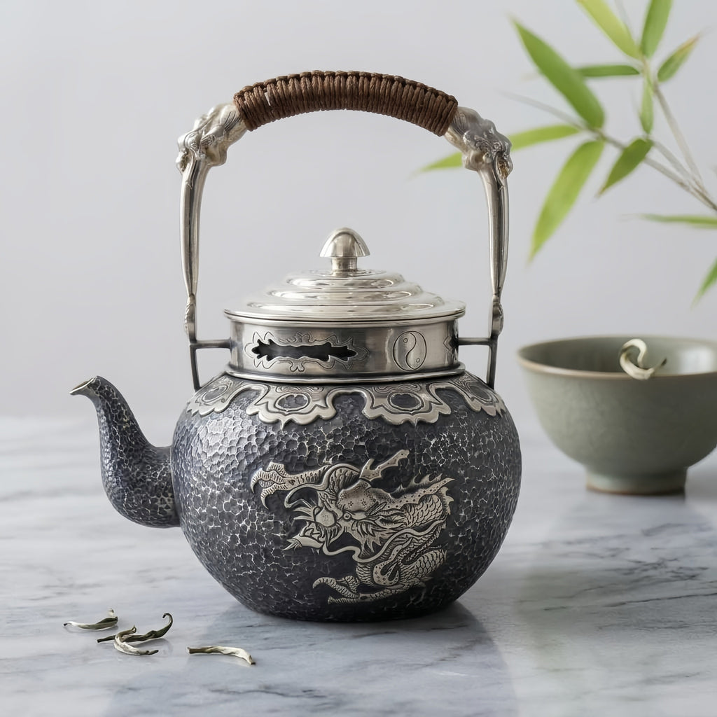 925 Sterling Silver **Title:** Ornate Dragon-Embossed Hammered Metal Teapot with Yin-Yang Lid and Woven Handle-Fine large teapot - Handicraft
