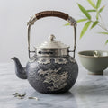 925 Sterling Silver **Title:** Ornate Dragon-Embossed Hammered Metal Teapot with Yin-Yang Lid and Woven Handle-Fine large teapot - Handicraft