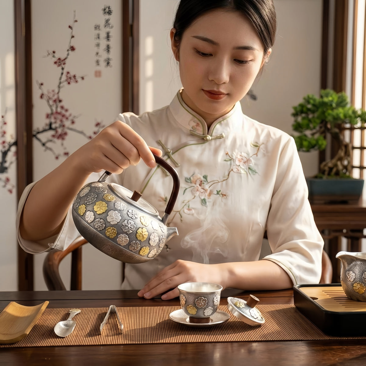 Pure 999 Fine Silver Elegant Silver Teapot with Gilded Floral Relief and Handcrafted Wooden Handle - Handicraft