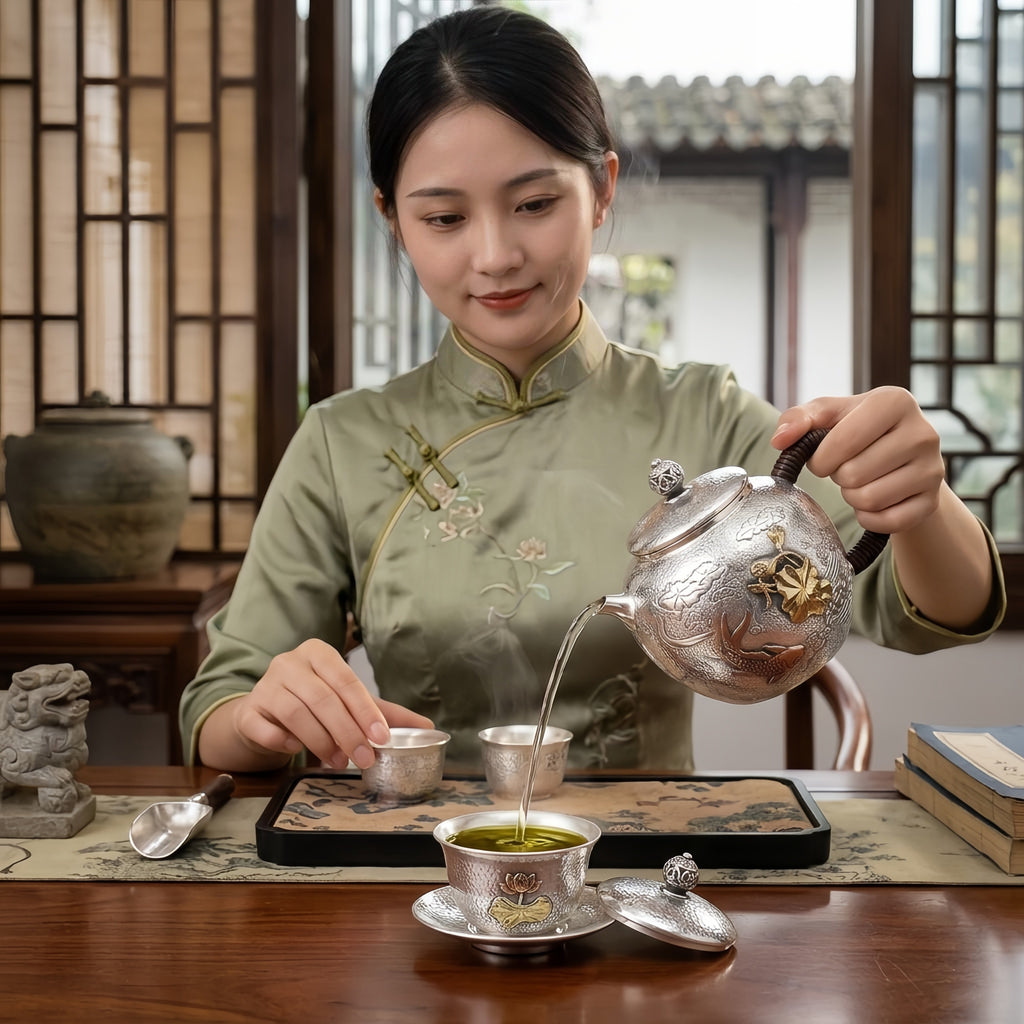 Pure 999 Fine Silver Handcrafted Silver Teapot Featuring Embossed Carp and Lotus Motifs with Woven Handle - Handicraft