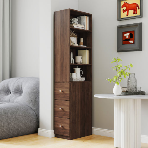 70.87 H Display Storage Cabinet , 4-Tier Shelf, 3 Side Drawers , Modern Wooden Tall Bookshelf Bookcase For Living Room Home Office