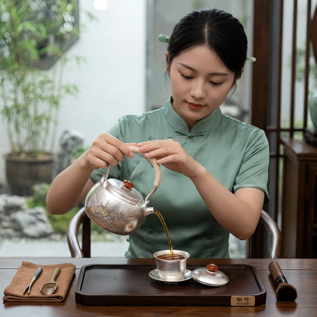 Pure 999 Fine Silver Handcrafted  Teapot with Bamboo Handle and Engraved Landscape Artwork-Fine large teapot - Handicraft