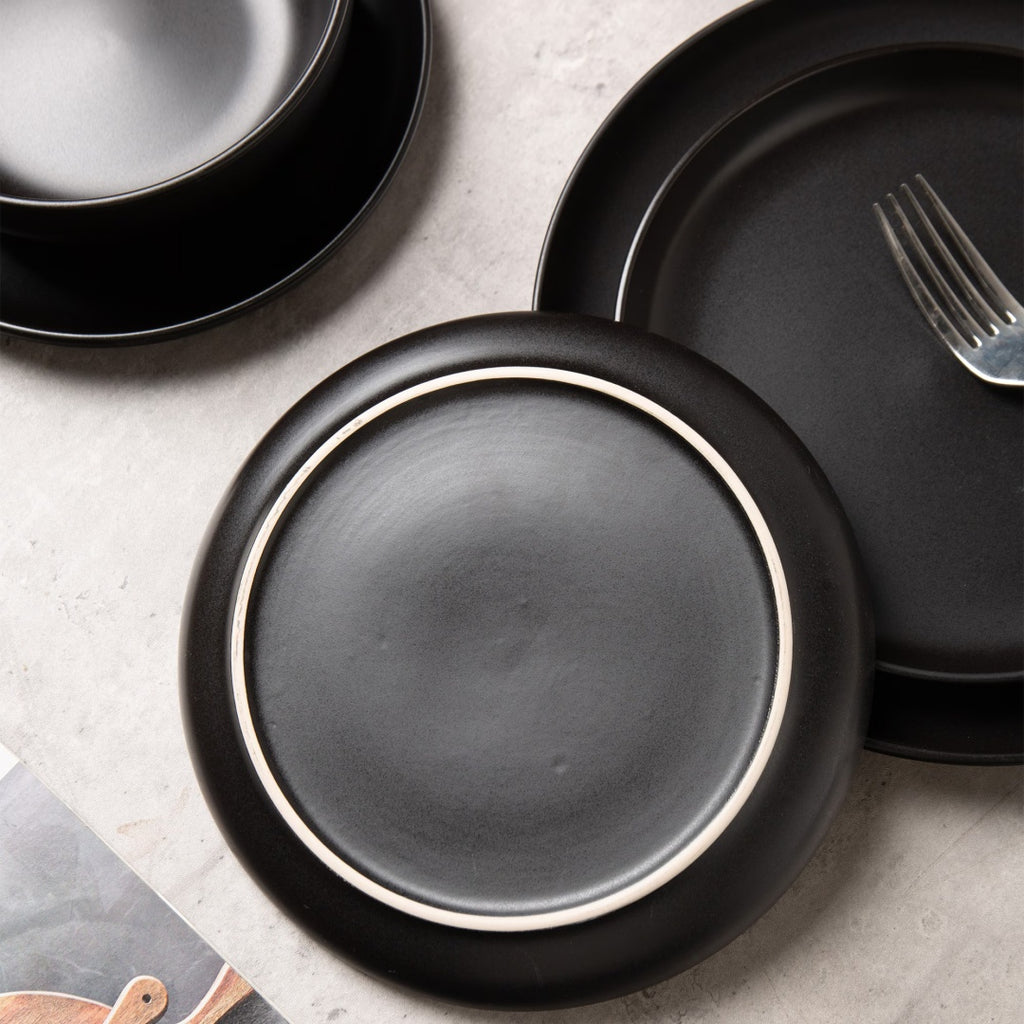 12-Piece Stoneware Dinner Plates Bowls Sets  Microwave & Dishwasher Safe   Non-Toxic Dinner Plates Bowls Set   Stackable Matte Glaze Kitchenware For 4