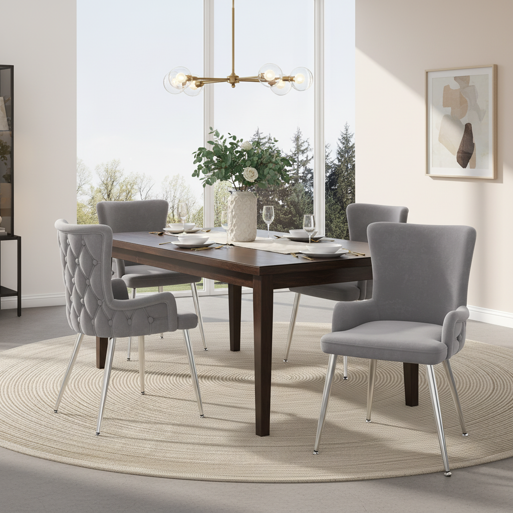 Velvet Dining Chair, Set Of 6, Luxurious Living Room Bedroom Lounge Chair With Four Silver-colored Metal Support Legs, Grey