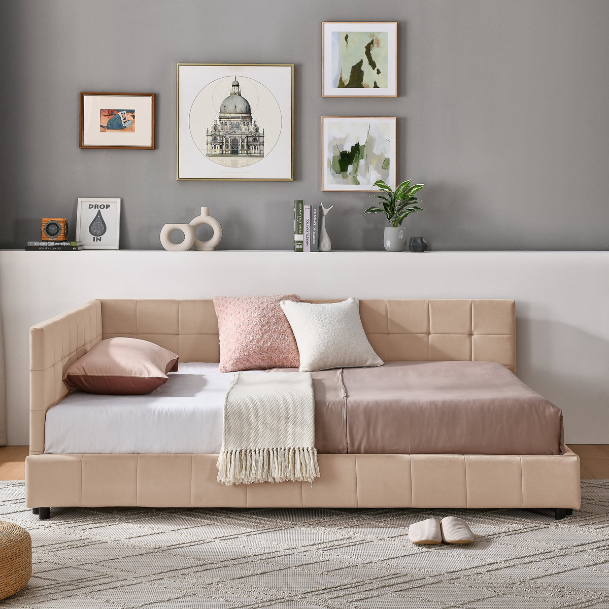 Full Size Upholstered Tufted  Bed Frame, Sofa Bed Frame With Comfortable Backrest And Armrests, Full Size Bed For Bedroom, Living Room,Velvet, PINK 80.5x59x30.5