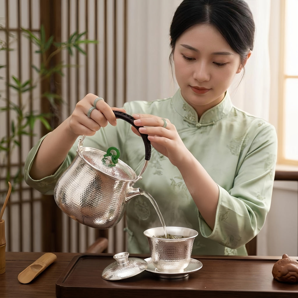 Pure 999 Fine Silver Artisan Hammered Silver Teapot with Green Jade Finial and Woven Handle - Handicraft