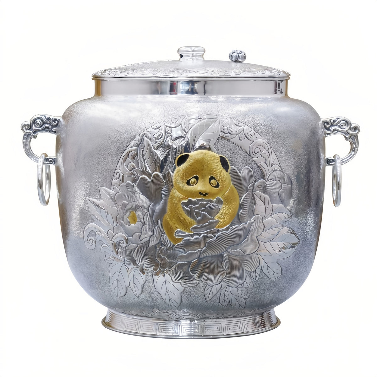 Pure 999 Fine Silver Exquisite Silver Jar Featuring a Gilded Panda and Lush Floral Engravings - Handicraft
