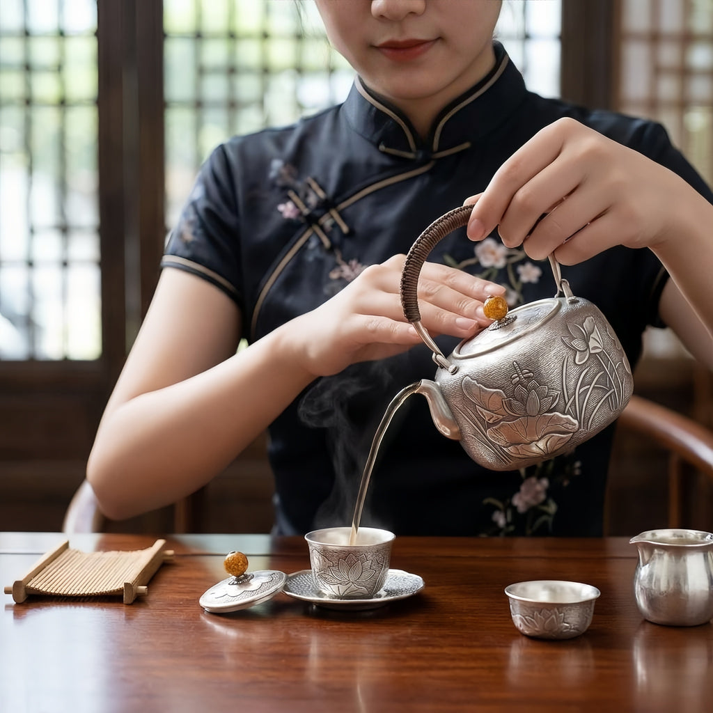 Pure 999 Fine Silver Handcrafted Silver Teapot with Intricate Lotus Relief and Woven Rattan Handle - Handicraft