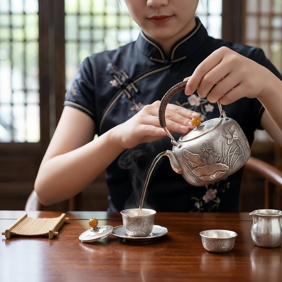 Pure 999 Fine Silver Handcrafted Silver Teapot with Intricate Lotus Relief and Woven Rattan Handle - Handicraft