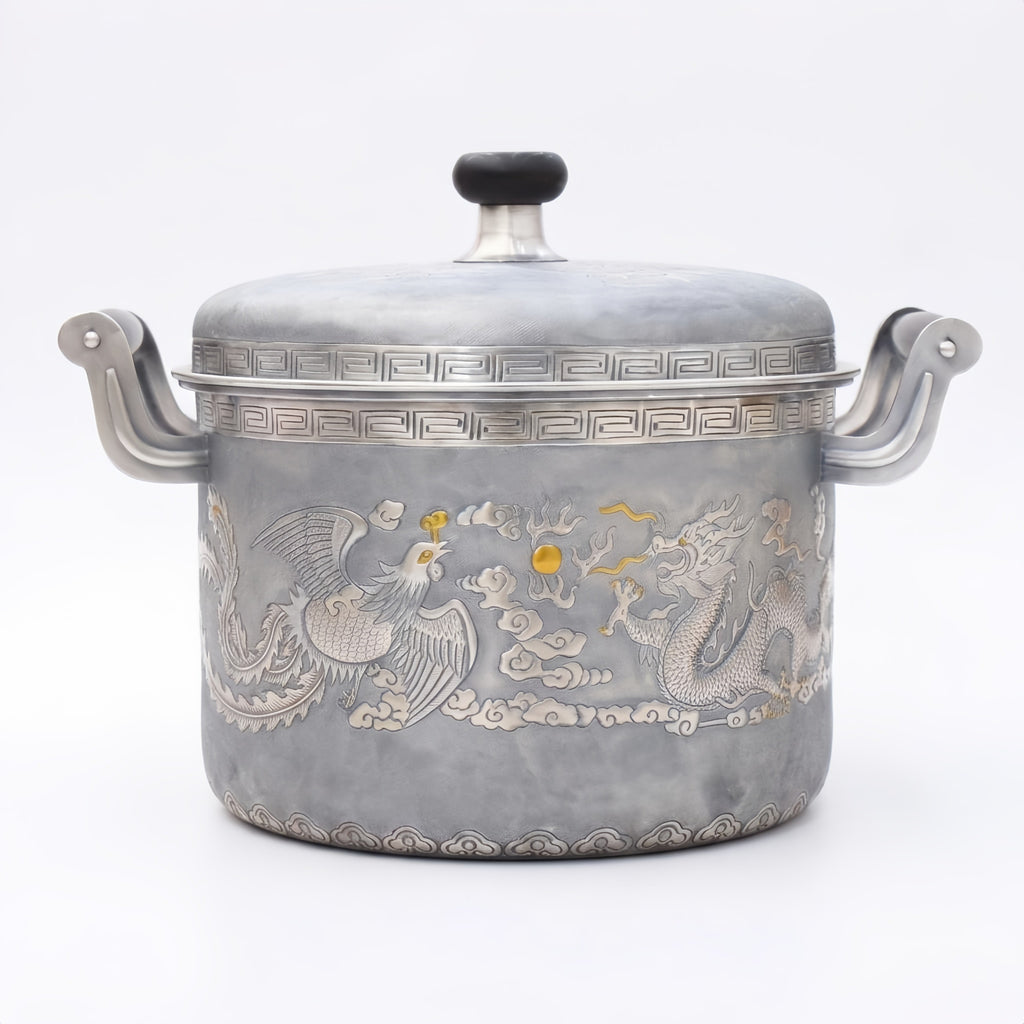 Pure 999 Fine Silver Handcrafted Silver-Toned Tureen with Traditional Dragon and Phoenix Engravings and Meander Border Art - Handicraft