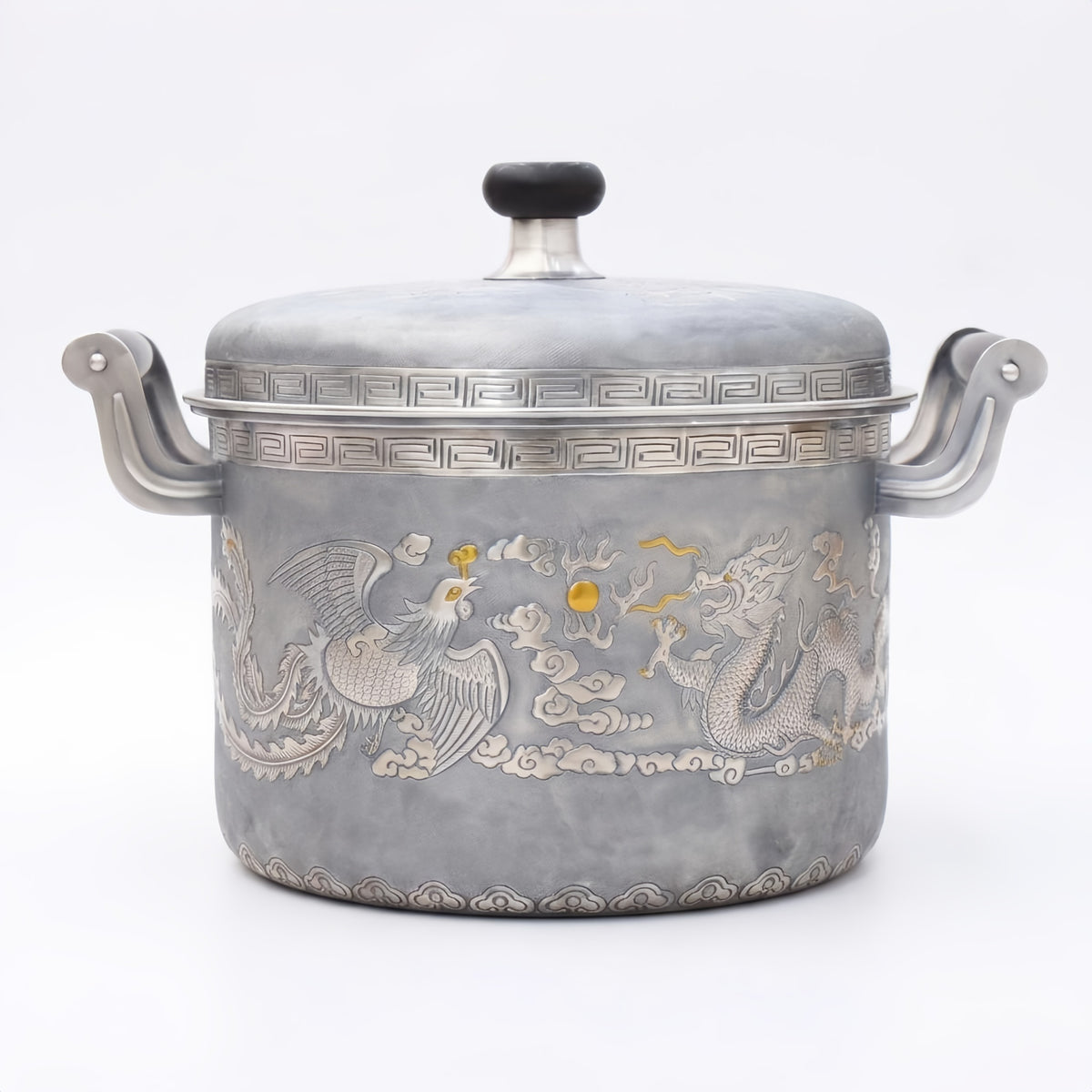Pure 999 Fine Silver Handcrafted Silver-Toned Tureen with Traditional Dragon and Phoenix Engravings and Meander Border Art - Handicraft