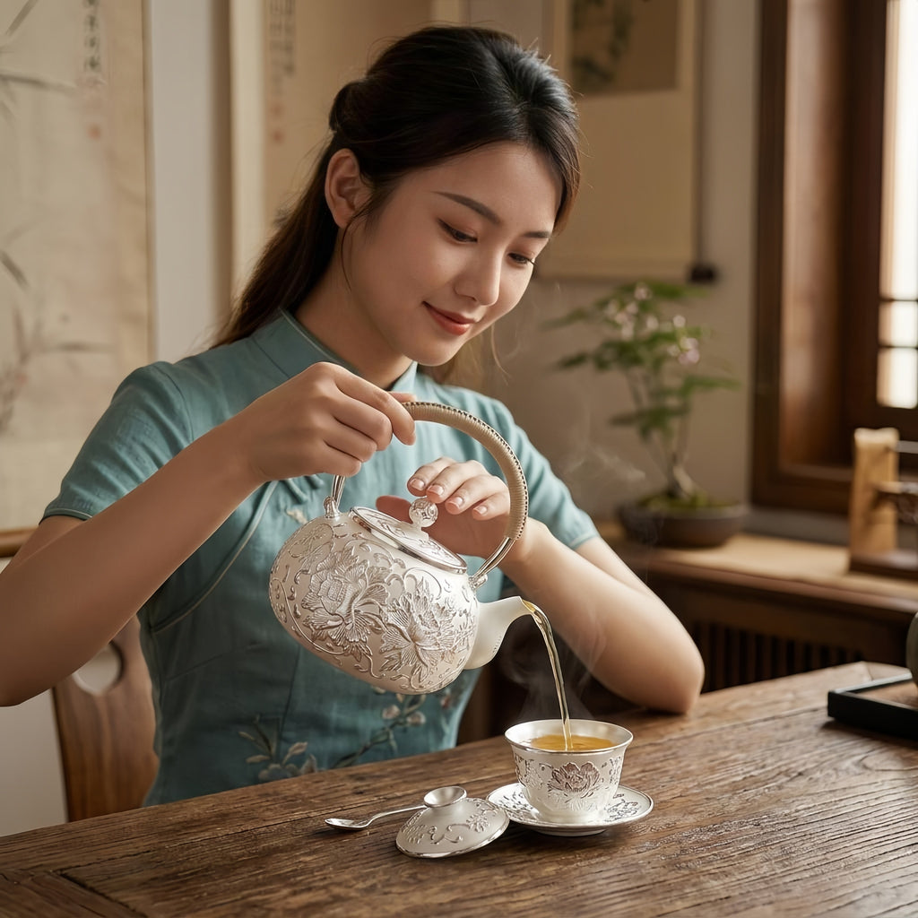 Pure 999 Fine Silver Exquisite Handcrafted Silver Teapot with Intricate Peony Engravings and Woven Rattan Handle - Handicraft