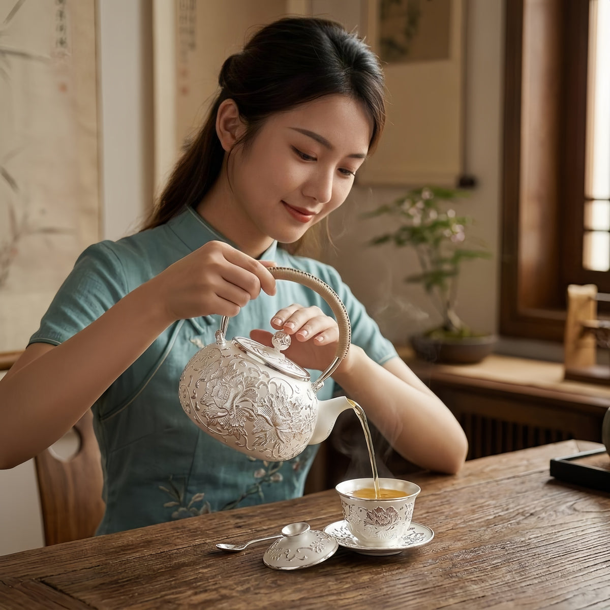 Pure 999 Fine Silver Exquisite Handcrafted Silver Teapot with Intricate Peony Engravings and Woven Rattan Handle - Handicraft