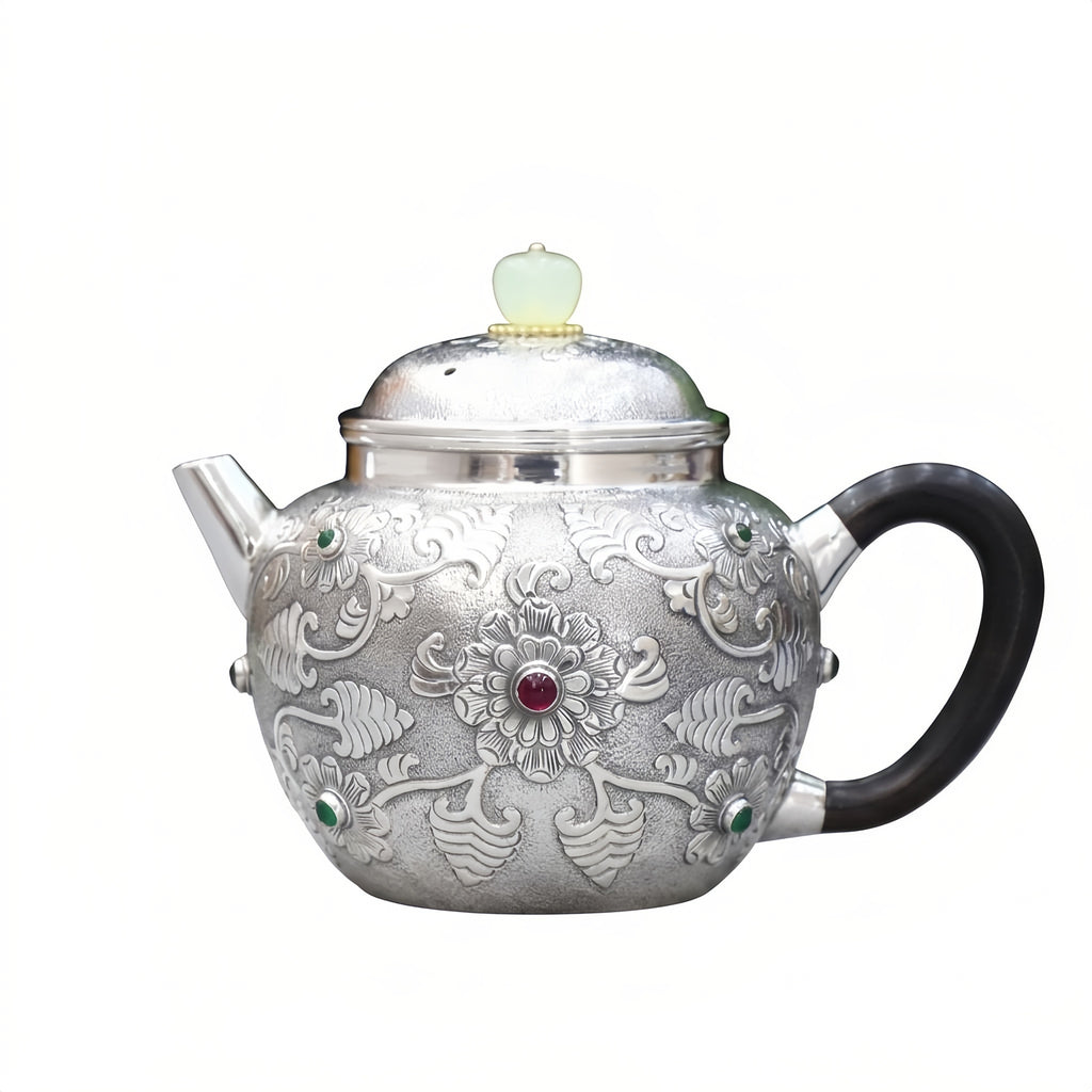 Pure 999 Fine Silver Ornate Handcrafted Silver Teapot with Floral Embossing and Vibrant Gemstone Accents - Handicraft