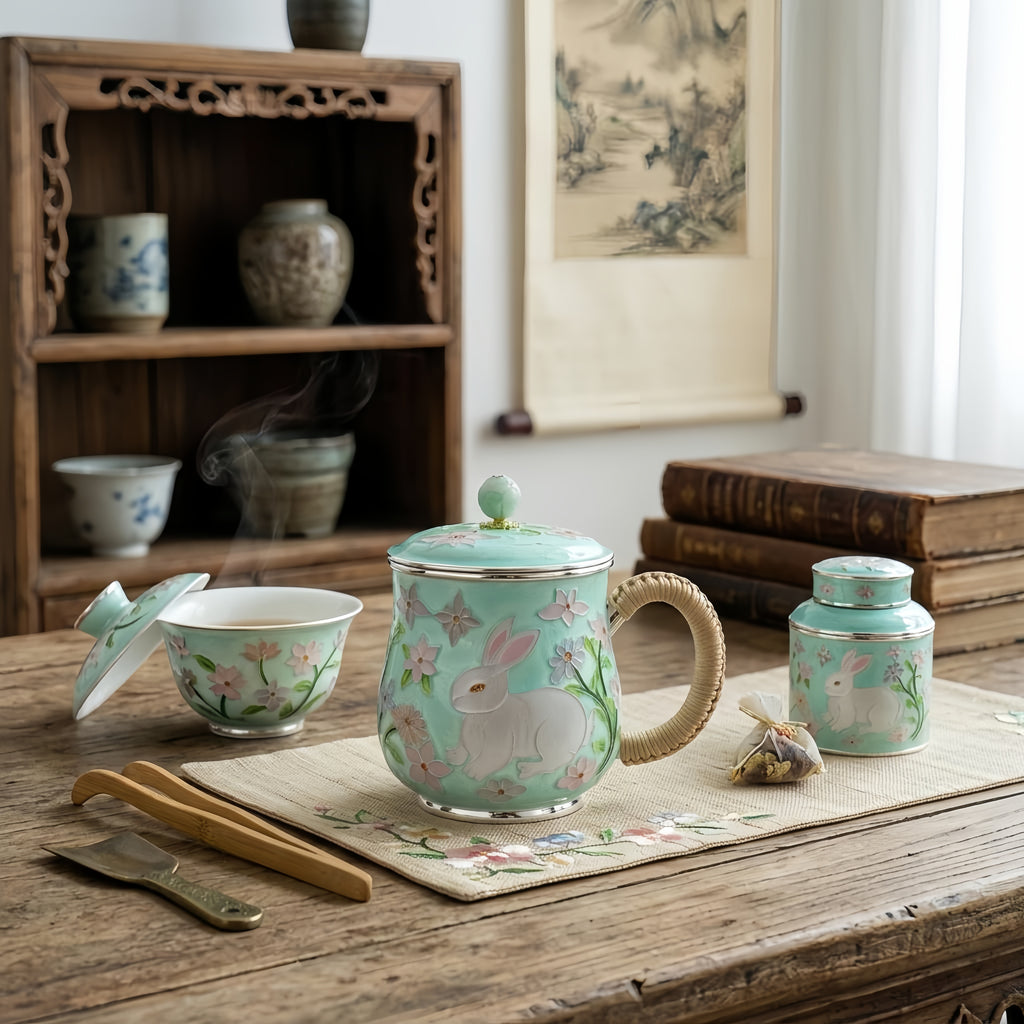 Pure 999 Fine Silver Exquisite Mint Green Enamel Rabbit Mug with Floral Motifs and Woven Handle - Handicraft