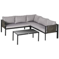 5 Seater Garden Corner Sofa Set, 4 Pieces Metal Garden Furniture Set With Loveseats, Glass Top Coffee Table, Breathable Mesh Pocket, Outdoor Conversation Furniture With Cushions, Light Grey