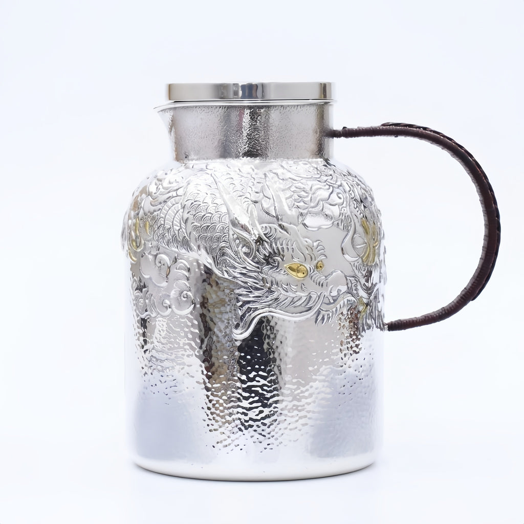 Pure 999 Fine Silver Elegant  Dragon-Embossed Jug with Hammered Texture and Brown Leather Handle-Premium water bottle - Handicraft
