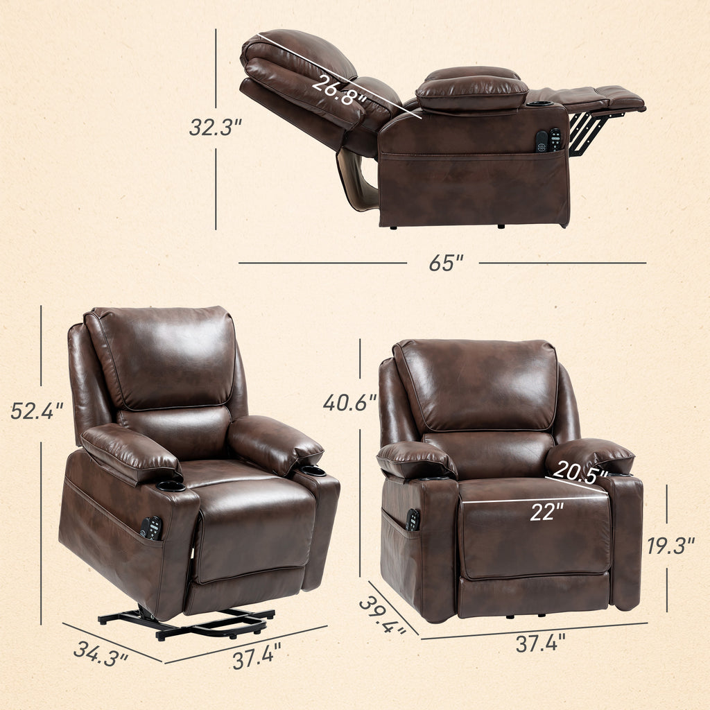 Power Lift Chair for Elderly, Faux Leather Recliner Sofa with Vibration Massage and Heat, Remote, Side Pockets, Brown