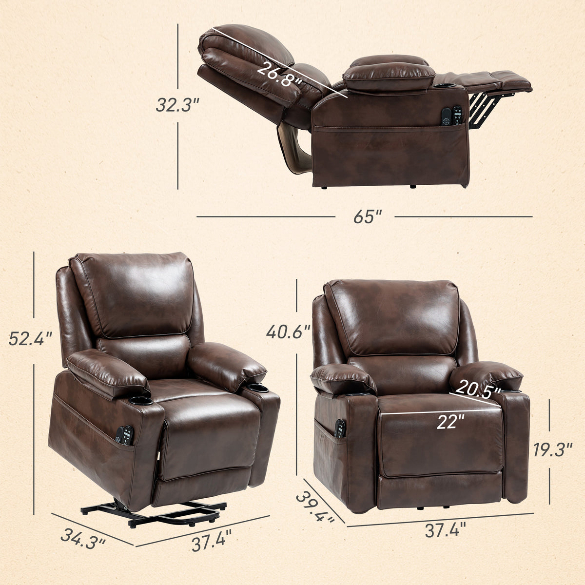 Power Lift Chair for Elderly, Faux Leather Recliner Sofa with Vibration Massage and Heat, Remote, Side Pockets, Brown