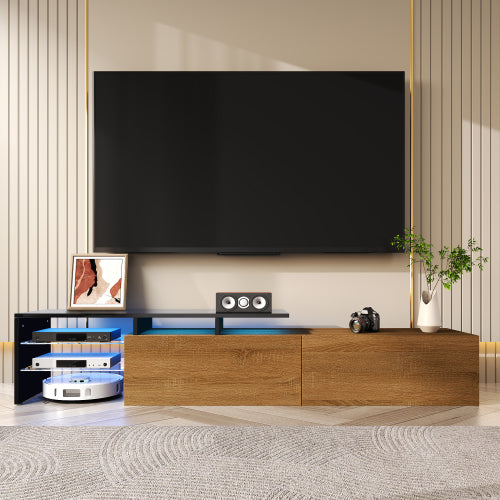 Modern TV Cabinet Design Stylish And Elegant, Practical Storage Space, Black And Wood Look, Glass Shelves, LED Lighting