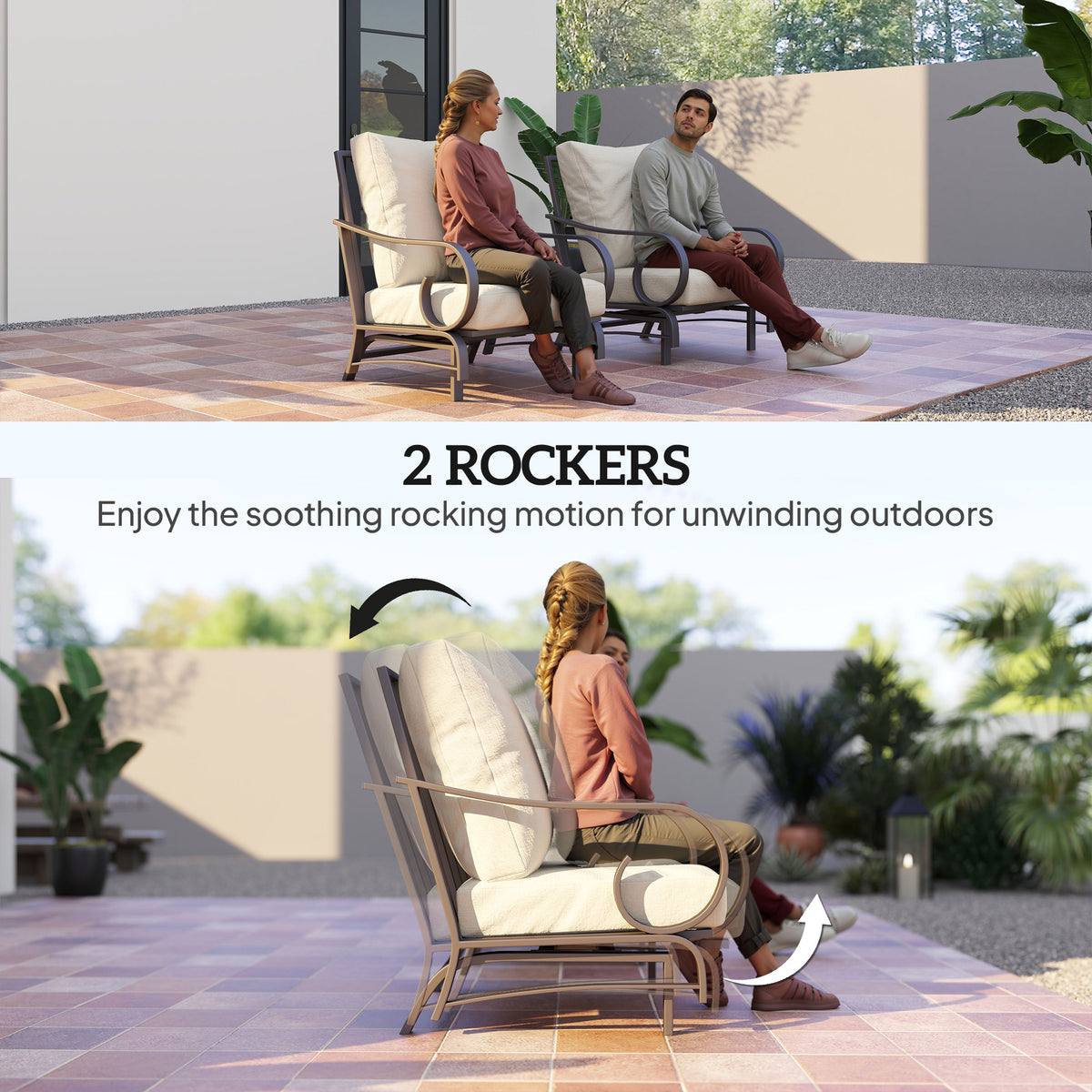 5 Piece Backyard Patio Furniture Set, Outdoor Furniture Set With 2 Rocking Chairs, 3-Seat Sofa, And 2 Ottomans, Beige