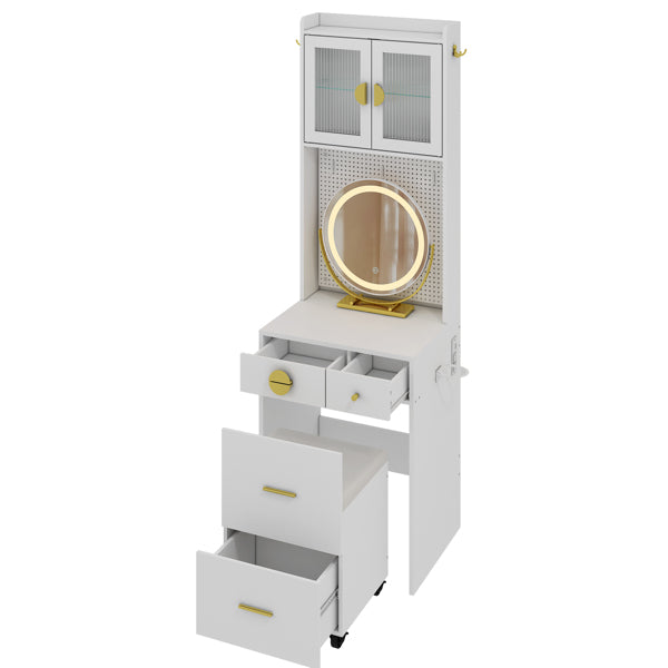 3 Draws 2 Doors 1LED3 Color Tone Light Touch Large Round Mirror Dressing Table Set