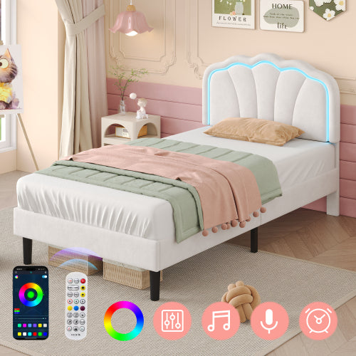3ft Single Upholstered Bed With LED Adjustable Shell Shape Headboard, Soft Velvet Bed Frame With Solid Wood Slat, No Box Spring Needed, Easy Assembly, Cream White No Mattress