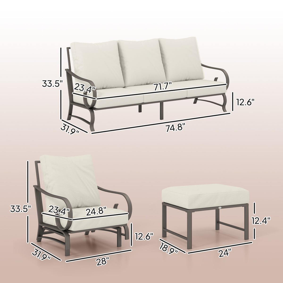 5 Piece Backyard Patio Furniture Set, Outdoor Furniture Set with 2 Rocking Chairs, 3-Seat Sofa, and 2 Ottomans, Beige