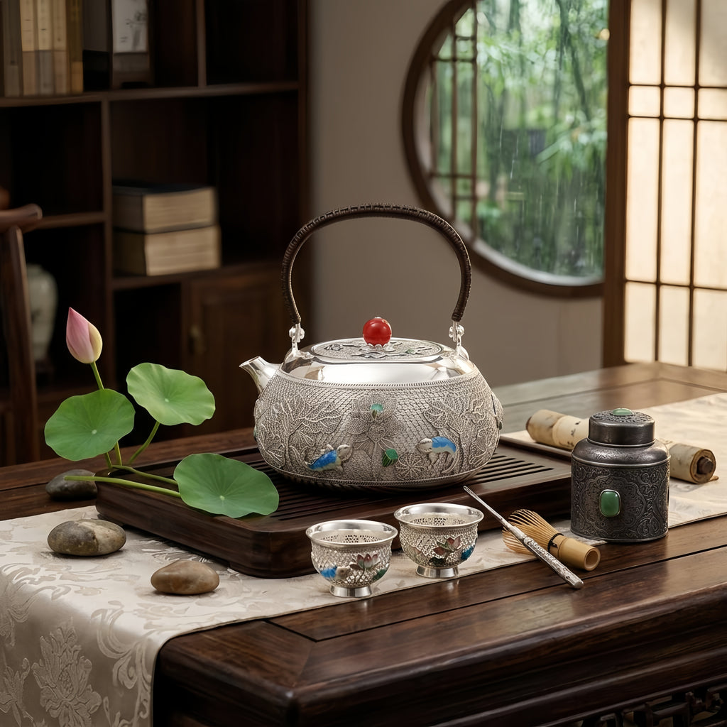 925 Sterling Silver Elegant  Teapot with Intricate Lacework and Enamel Art Featuring Birds and Flowers-Fine Filigree Teapot - Handicraft
