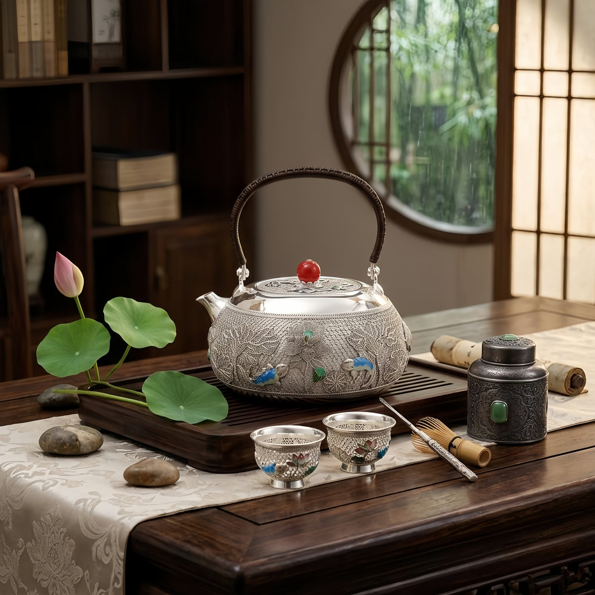 925 Sterling Silver Elegant  Teapot with Intricate Lacework and Enamel Art Featuring Birds and Flowers-Fine Filigree Teapot - Handicraft