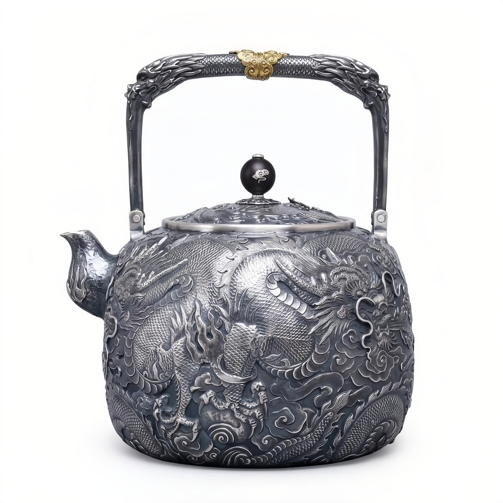 Pure 999 Fine Silver Majestic Hand-Crafted Silver Dragon Teapot with Exquisite Relief Artistry - Handicraft