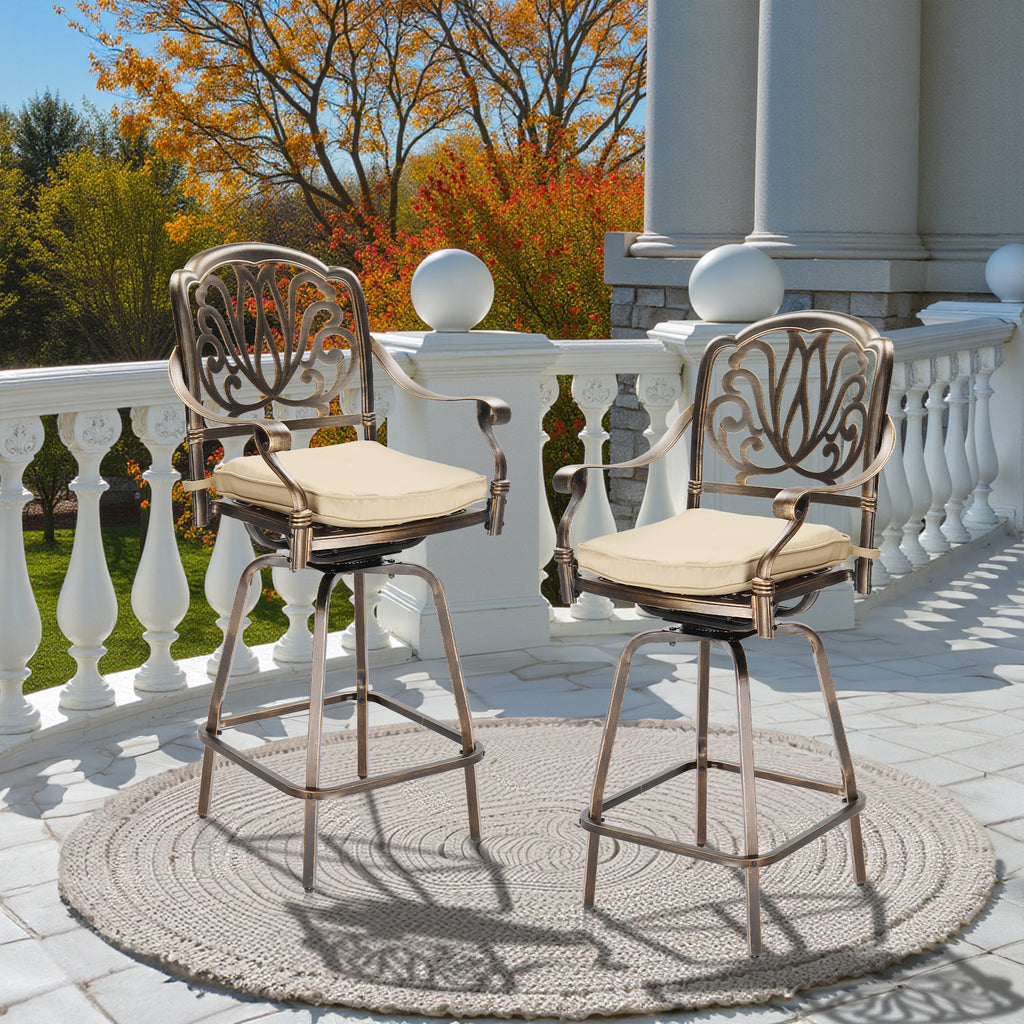 2pcs Bronze Color, Beige Cushion, Cast Aluminum Bar Stool