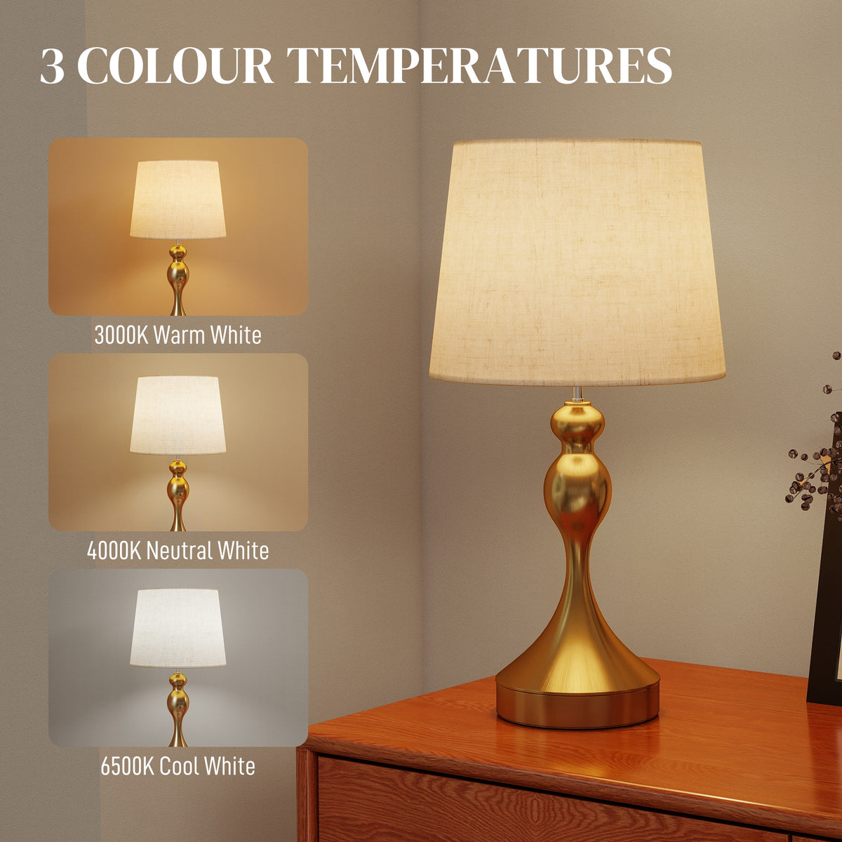 Bedside Lamps Set Of 2, Modern Table Lamps With 3 Colour Temperatures, USB A+C Charging Ports And Linen Shade For Living Room Bedroom Office, Gold Tone