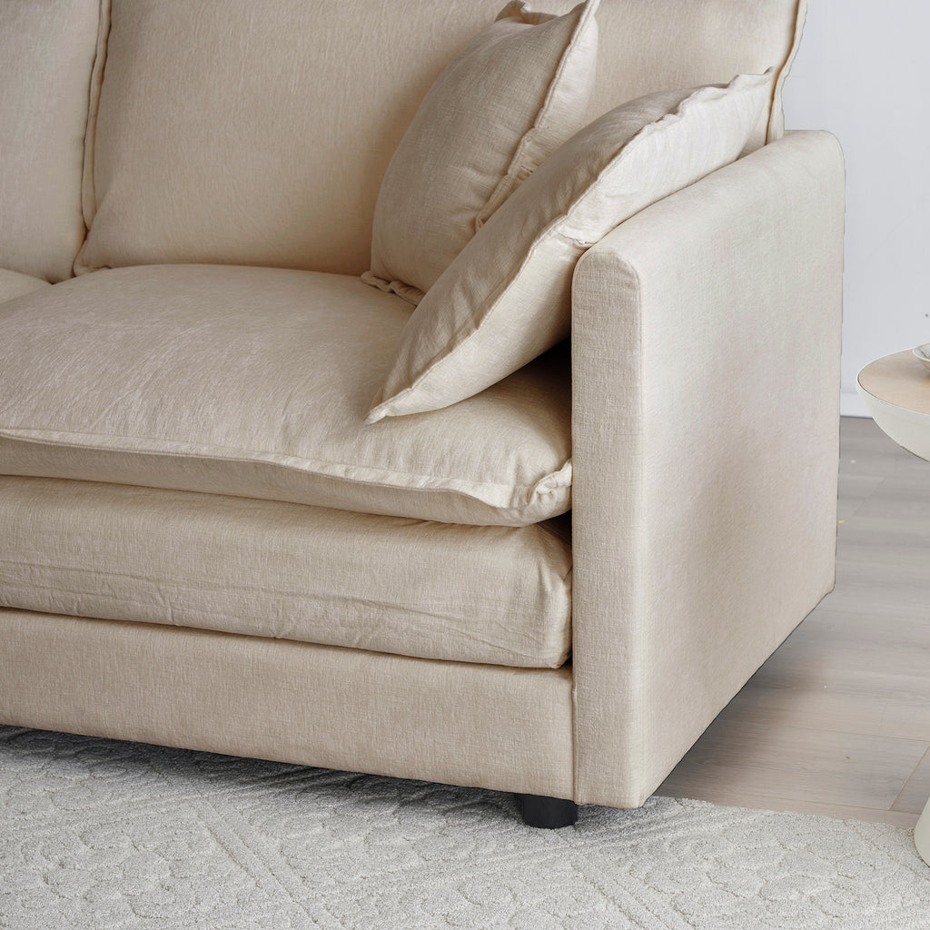 Chenille Two-Seater Sofa With 1 Footrest, 2 Seater L-Shaped Sectional With Ottoman,Loveseat With Ottoman For Small Living Space, Beige Chenille