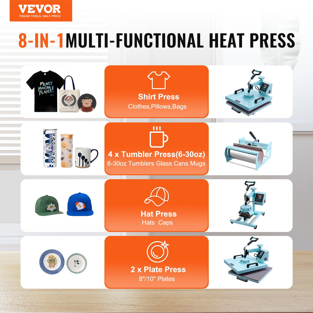 5-in-1 Heat Press Machine Multifunction Sublimation Press for T-Shirts, Mugs & Hats