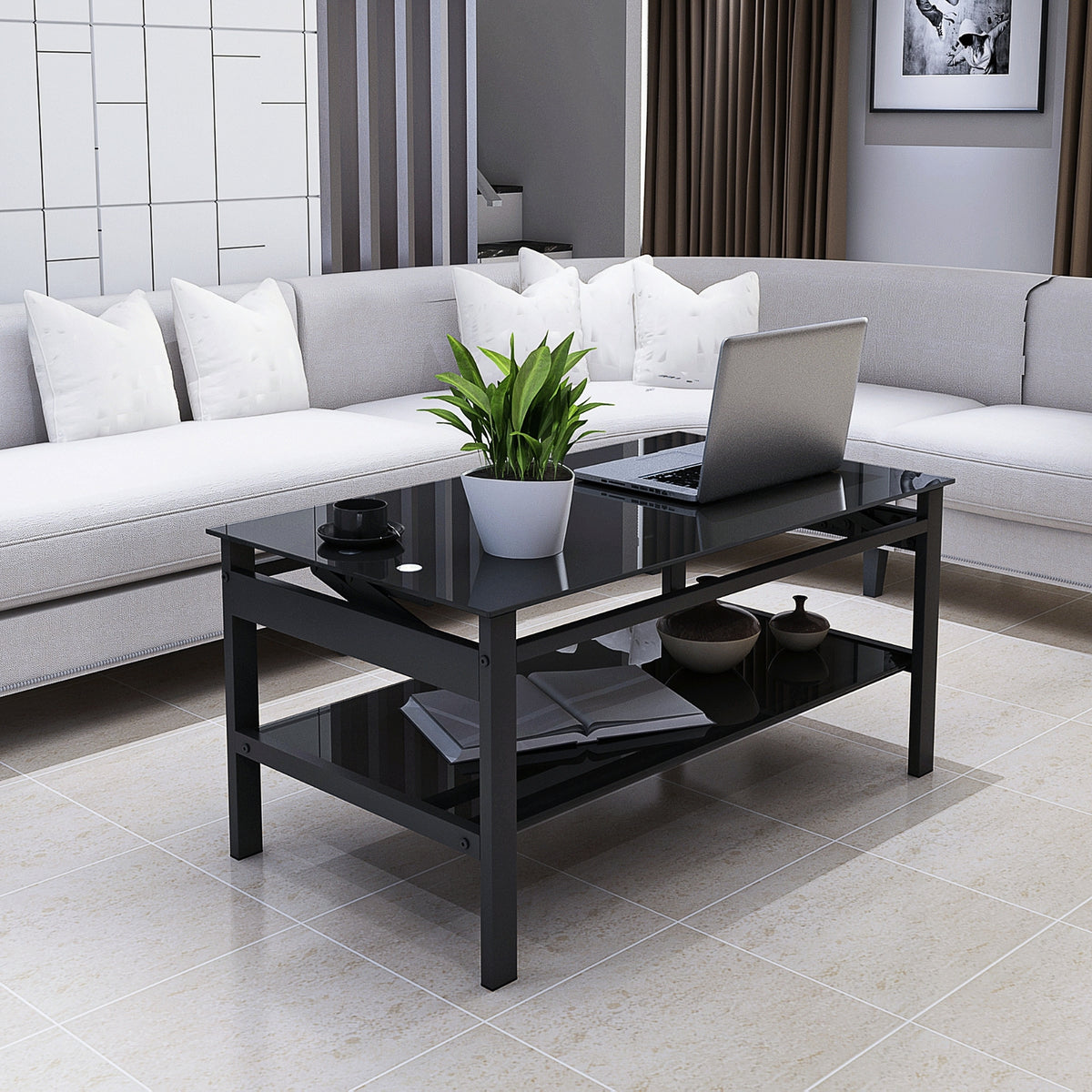 Glass Lift Top Coffee Table, 2-Layer Tempered Glass, Modern Simple, Black