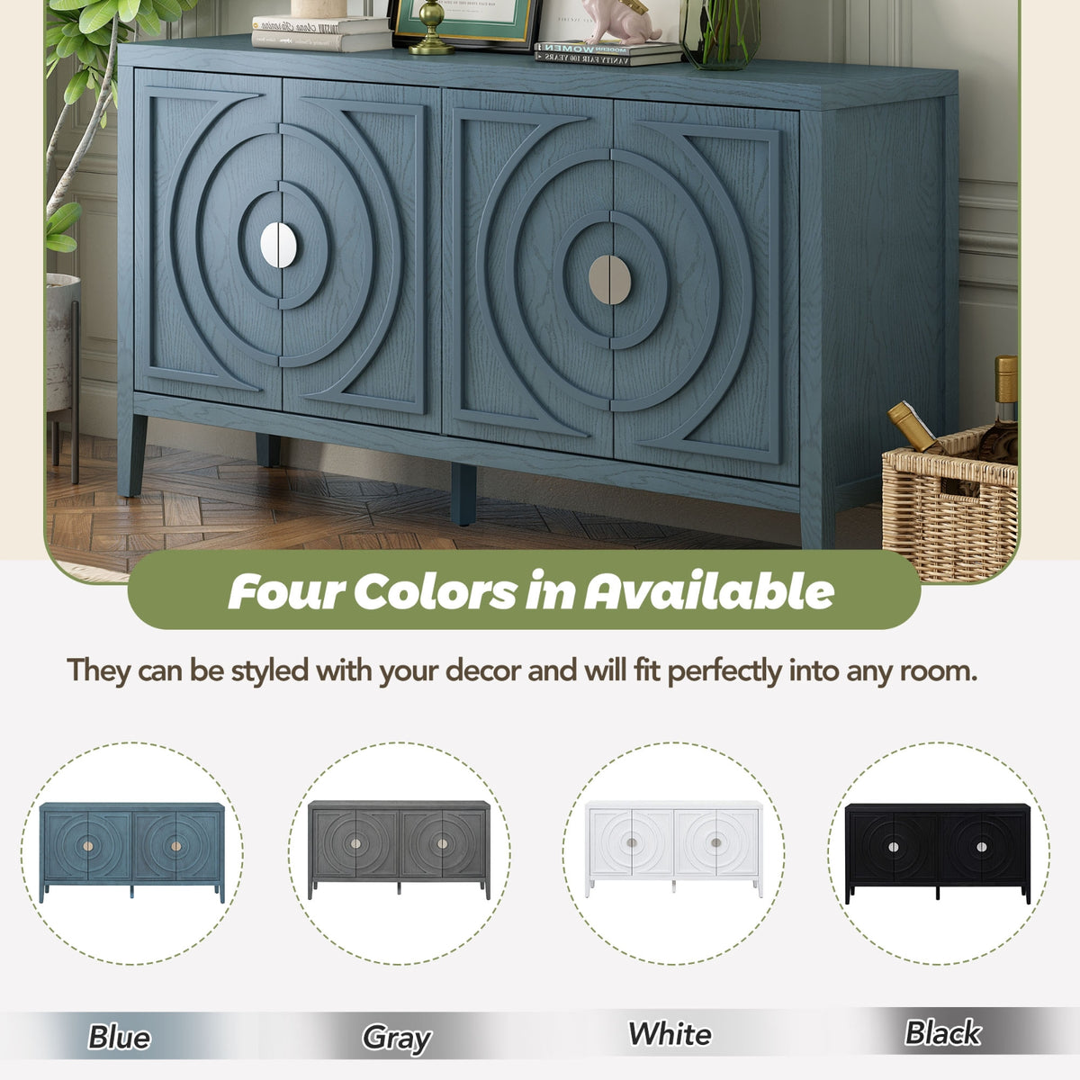 TREXM Retro Sideboard With Circular Groove & Round Metal Handle For Dining