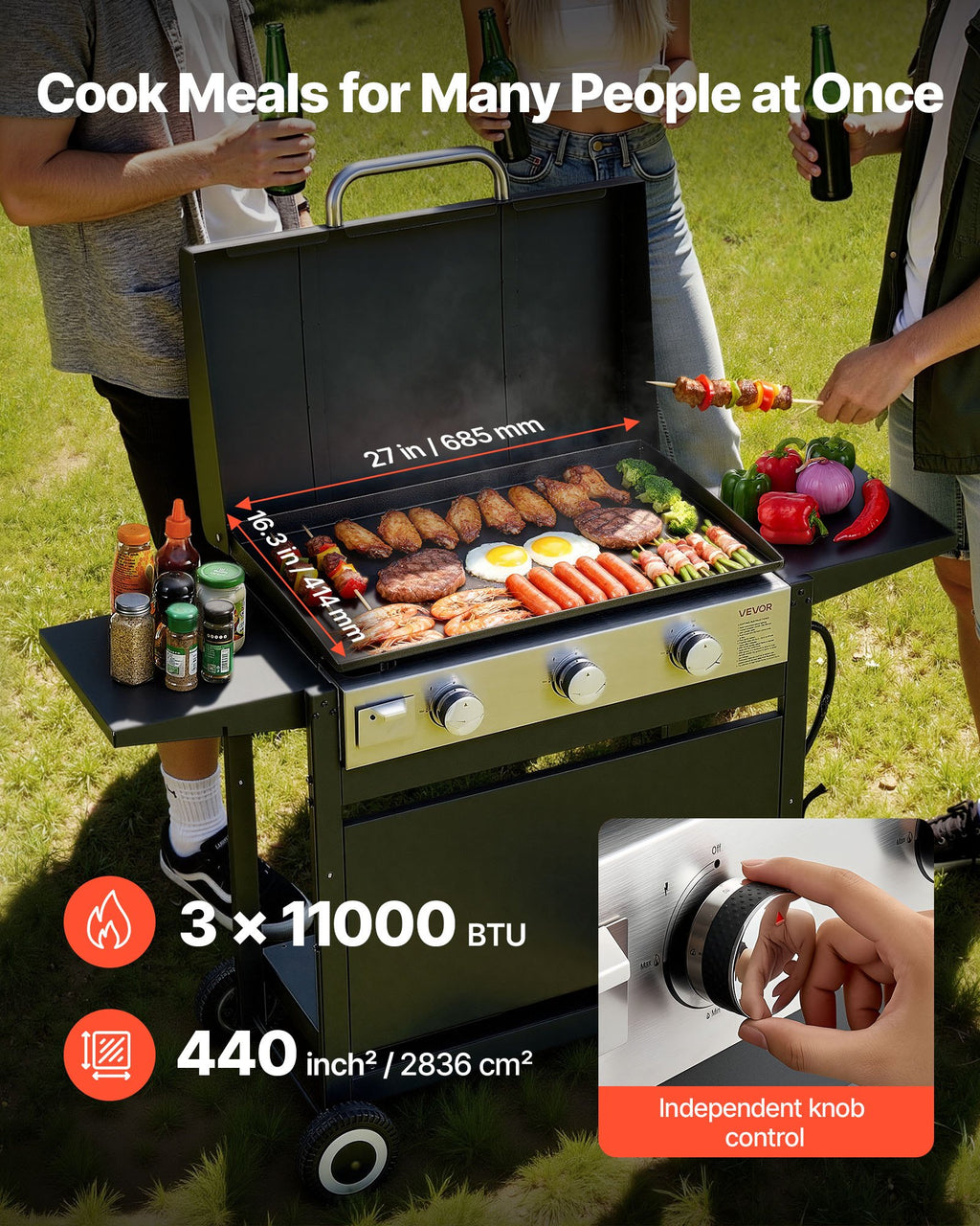 Gas Griddle, 3-Burner Flat Top Grill, Propane Griddle With Wheels, Lid, 3 X 11000 BTU Outdoor Flat Top Grills For Pan-Frying, Grilling, Stir-Frying, & BBQ, Pulse Ignition, Removable Top Design