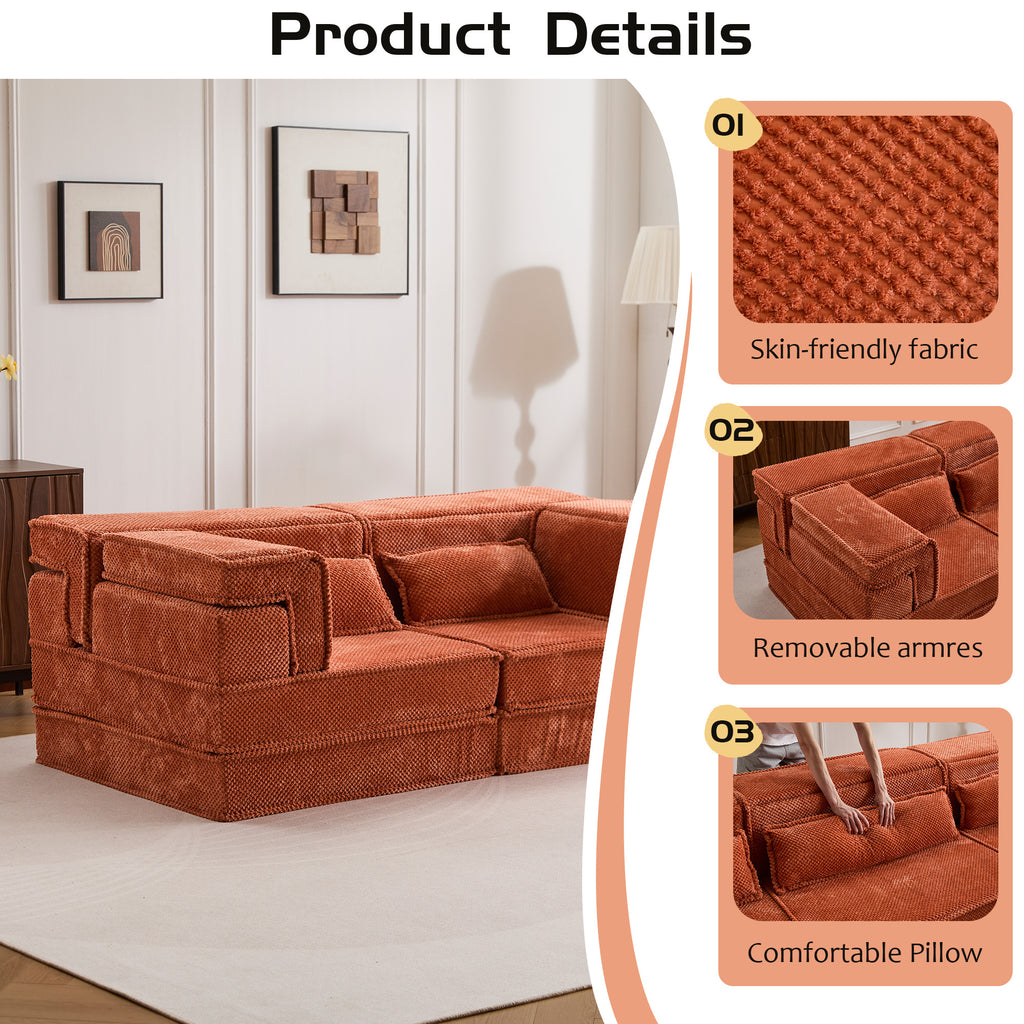 Compression Mahjong Sofa,Convertible Floor Sofa Bed,DIY Boneless Modular Sectional Sofa,No Assembly Required,Circle Fleece Fabric,Modern Oversized Loveseat,Orange