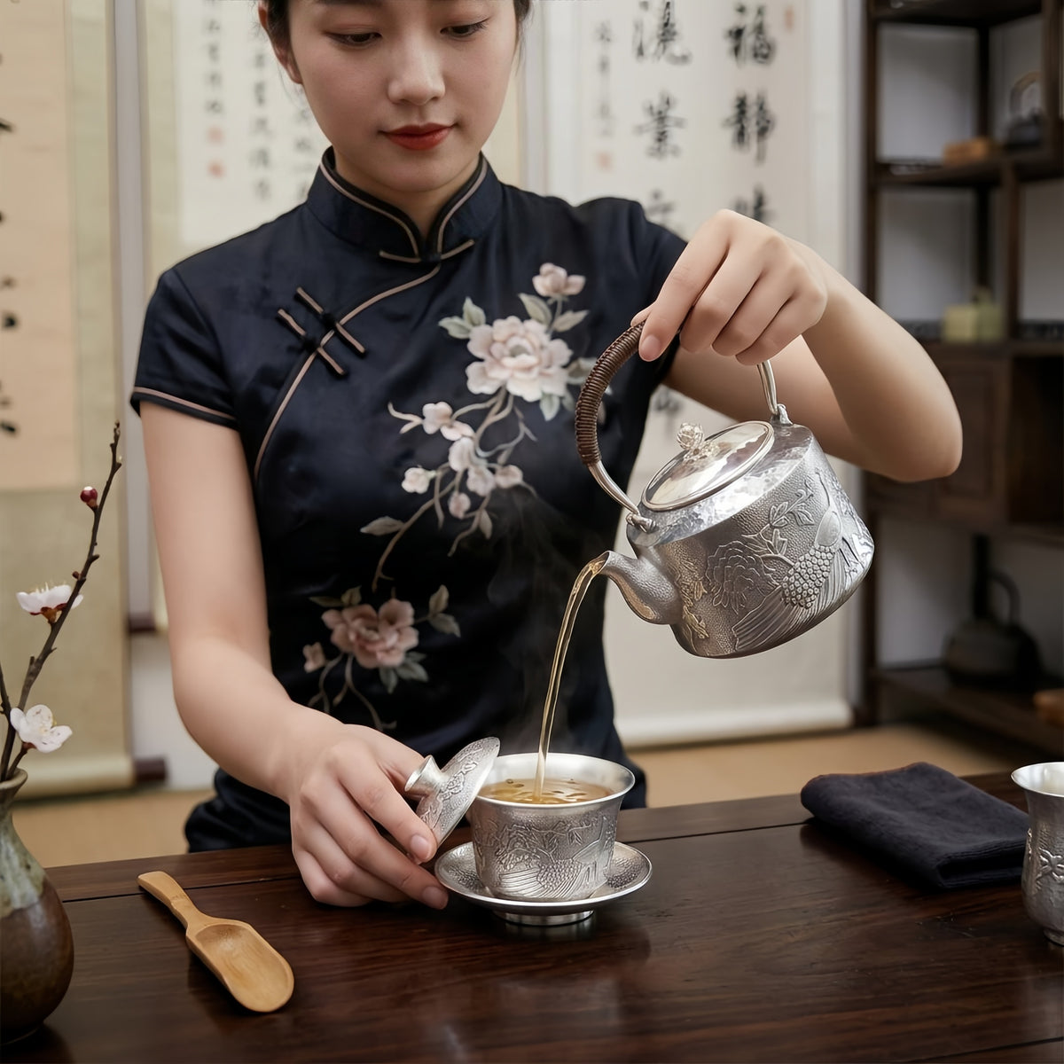 925 Sterling Silver Exquisite Handcrafted Silver Teapot with Intricate Peacock and Floral Relief - Handicraft
