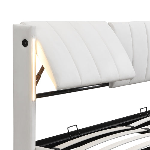 LED Upholstered Bed ,King Size Bed-5ft150x200cm, Hydraulic Bed, Rechargeable USB Port In Bed, With LED Lighting, With Storage Space, Adjustable Headboard, PU , White