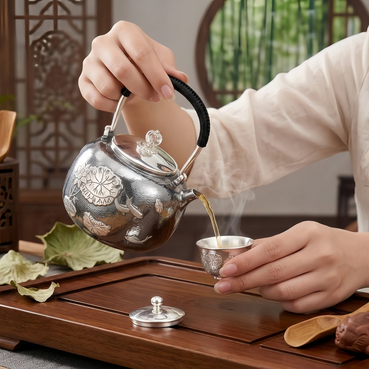 925 Sterling Silver Elegant  Teapot with Lotus and Koi Design-Fine large teapot - Handicraft