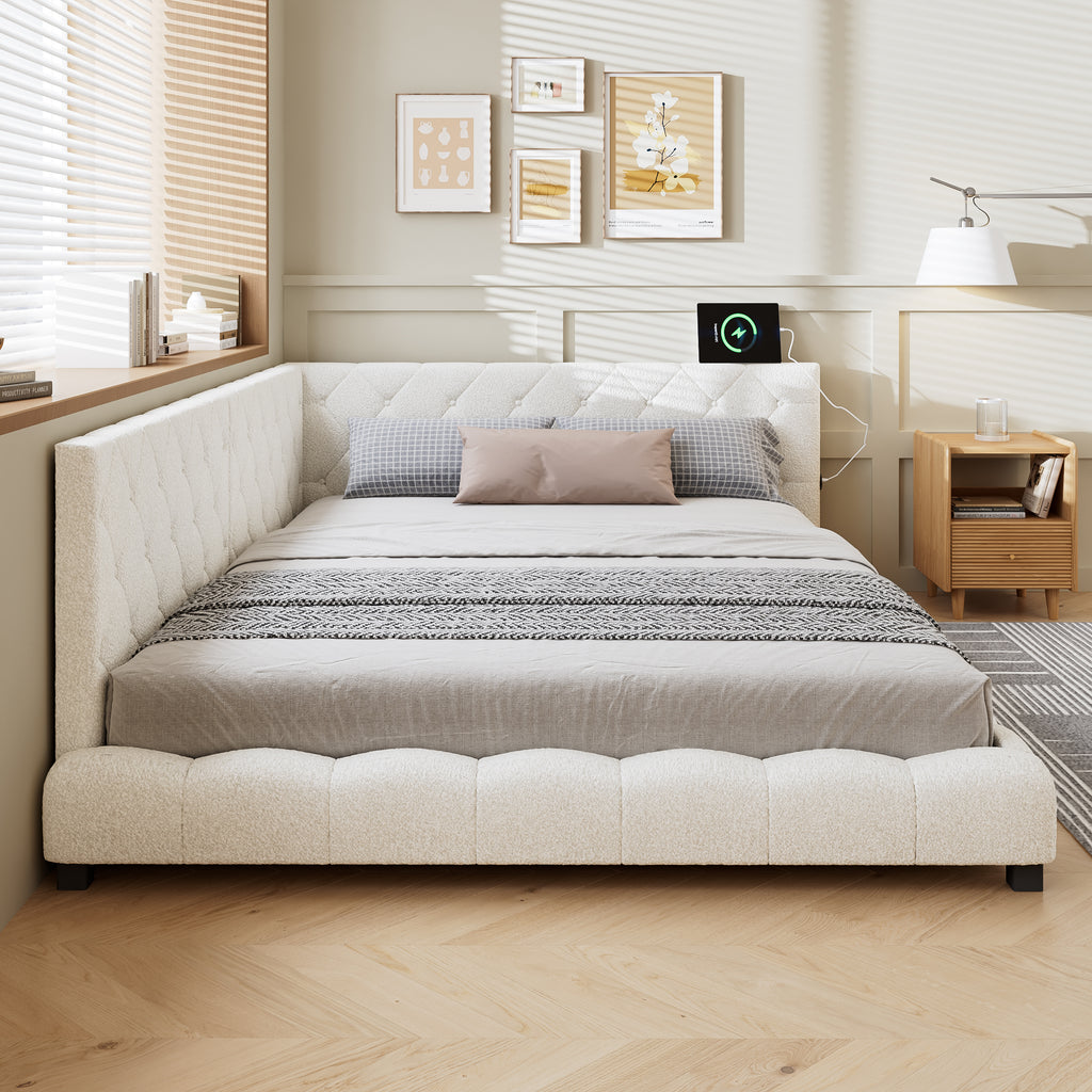 Upholstered Bed, 4ft6 Double Bed 135x190cm, With Side Rails On The Bed, With Two Comfortable Headboards, Boucle  Plywood, Beige